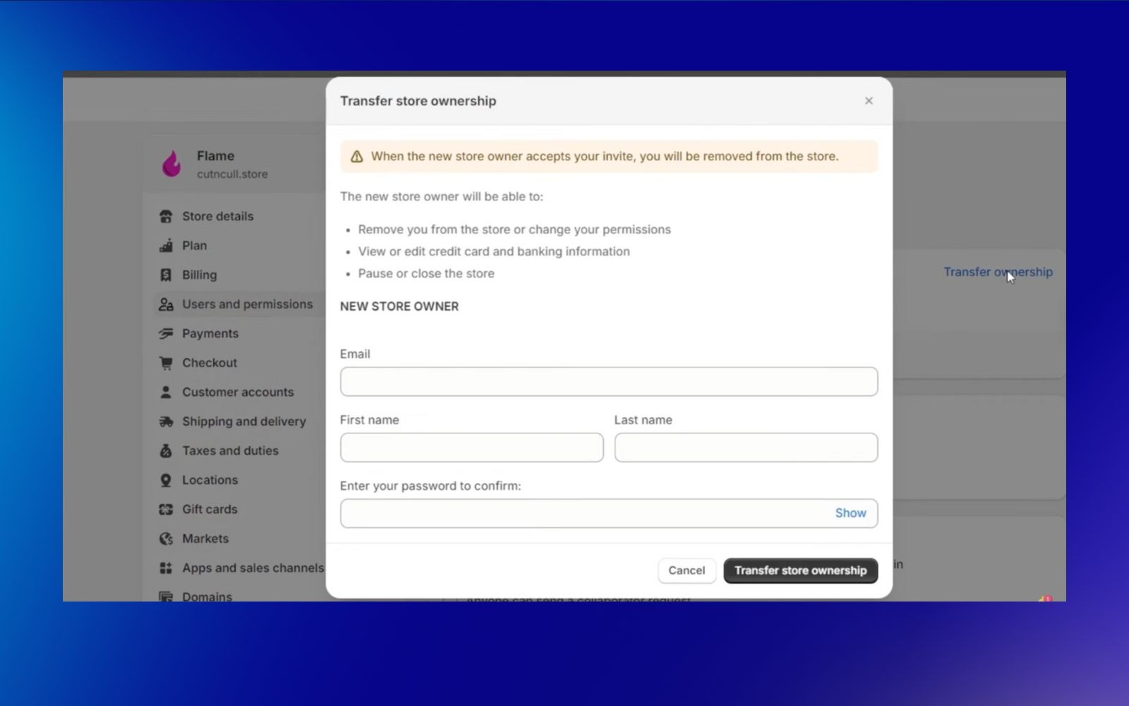 Transfer store ownership